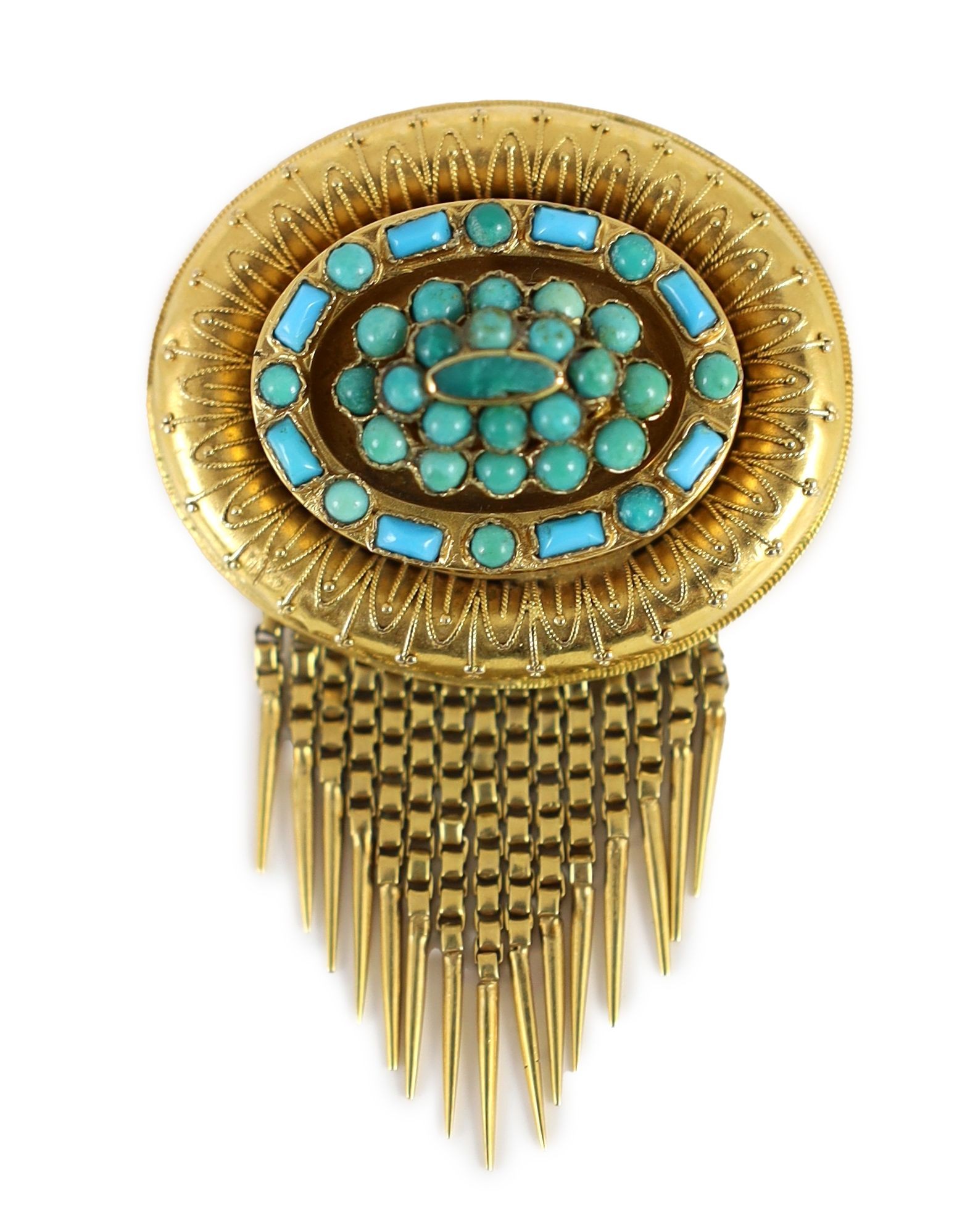 A Victorian gold and turquoise cluster set multi tassel drop oval brooch